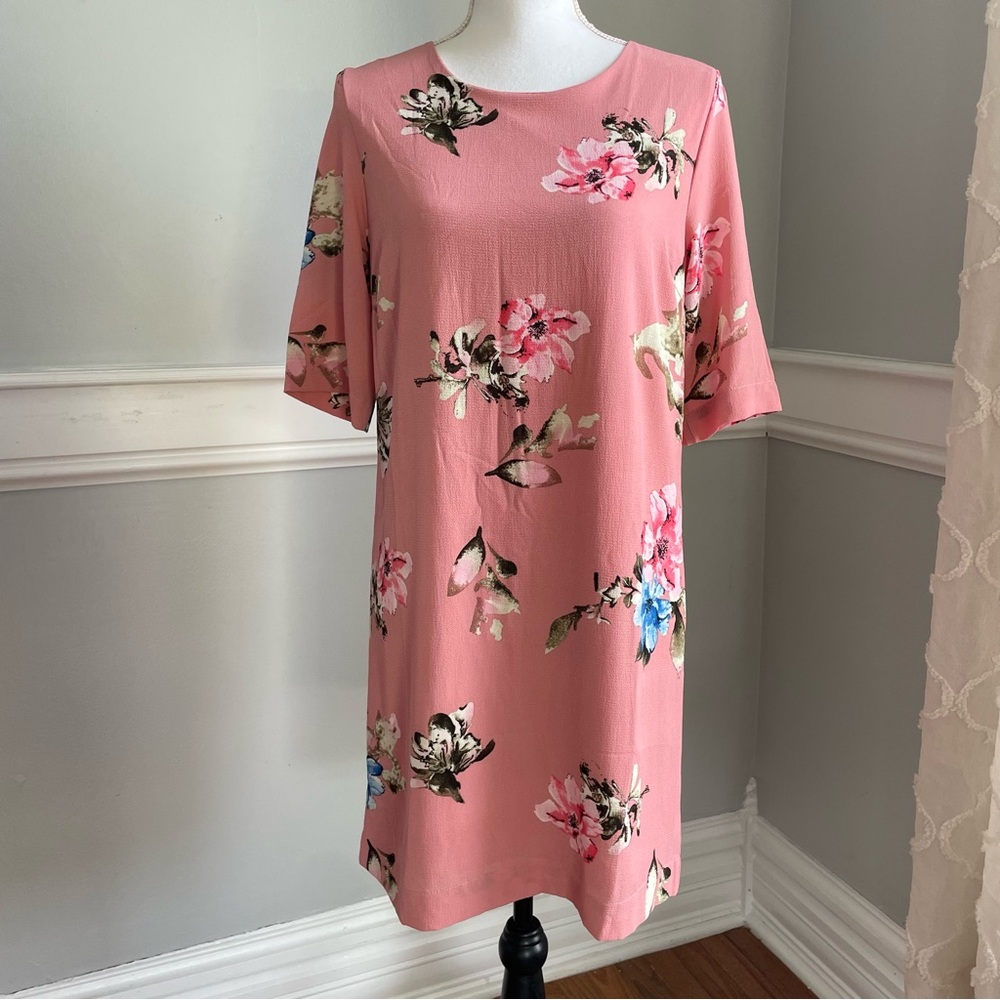 Yellow Star Floral Pink Shift Dress Flutter Sleeves Size Medium